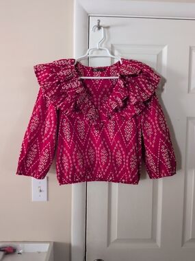 ZARA Openwork Embroidered Lace Eyelet  Ruffle Top Red White Size M